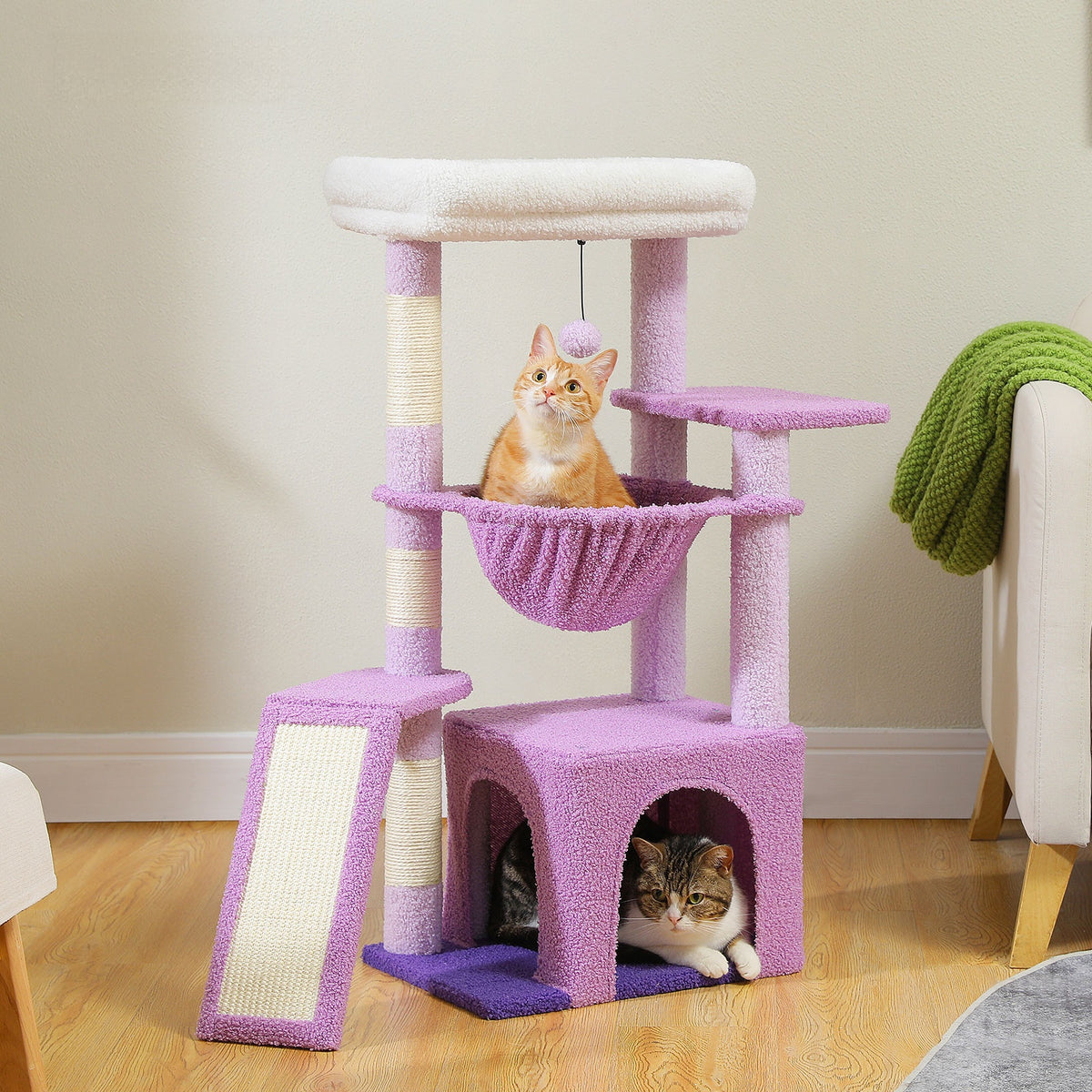 92 cm Cat Tree with Condo, Hammock, Top Perch & Sisal Scratching Ramp – Lilac Purple