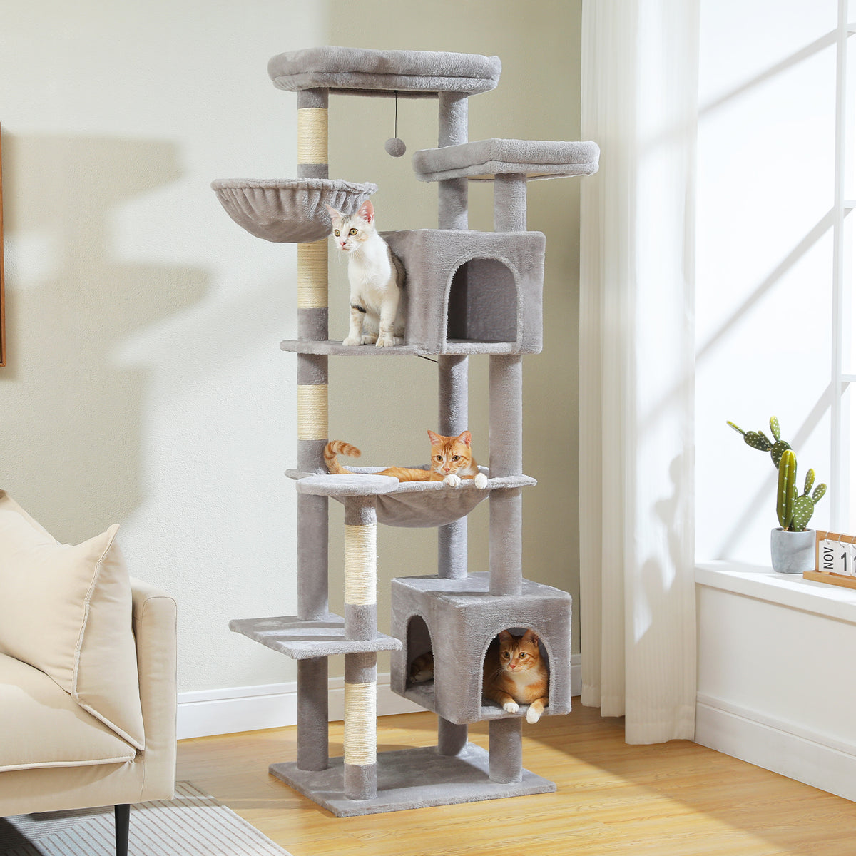 5-Tier Cat Tree with 2 Condos, Hammock, Sisal Scratching Posts & Wall Anchor – Green, 175 cm