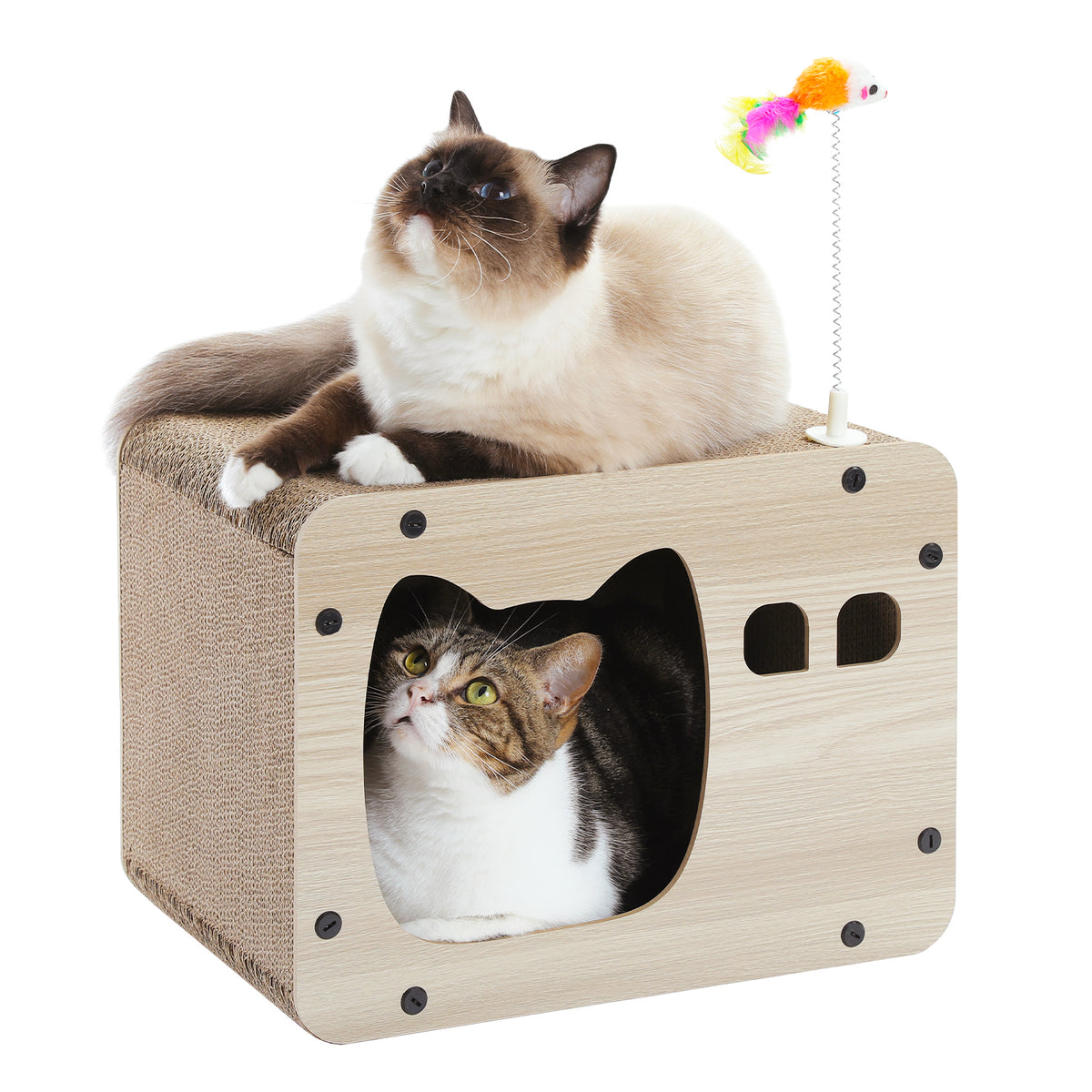 Cat Cardboard Scratcher House with Lounge Top, Spring Mouse Toy & Cat-Shaped Entrance