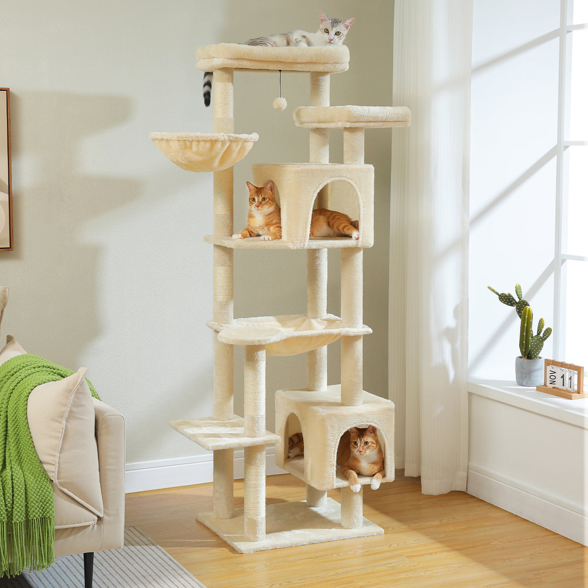 5-Tier Cat Tree with 2 Condos, Hammock, Sisal Scratching Posts & Wall Anchor – Green, 175 cm