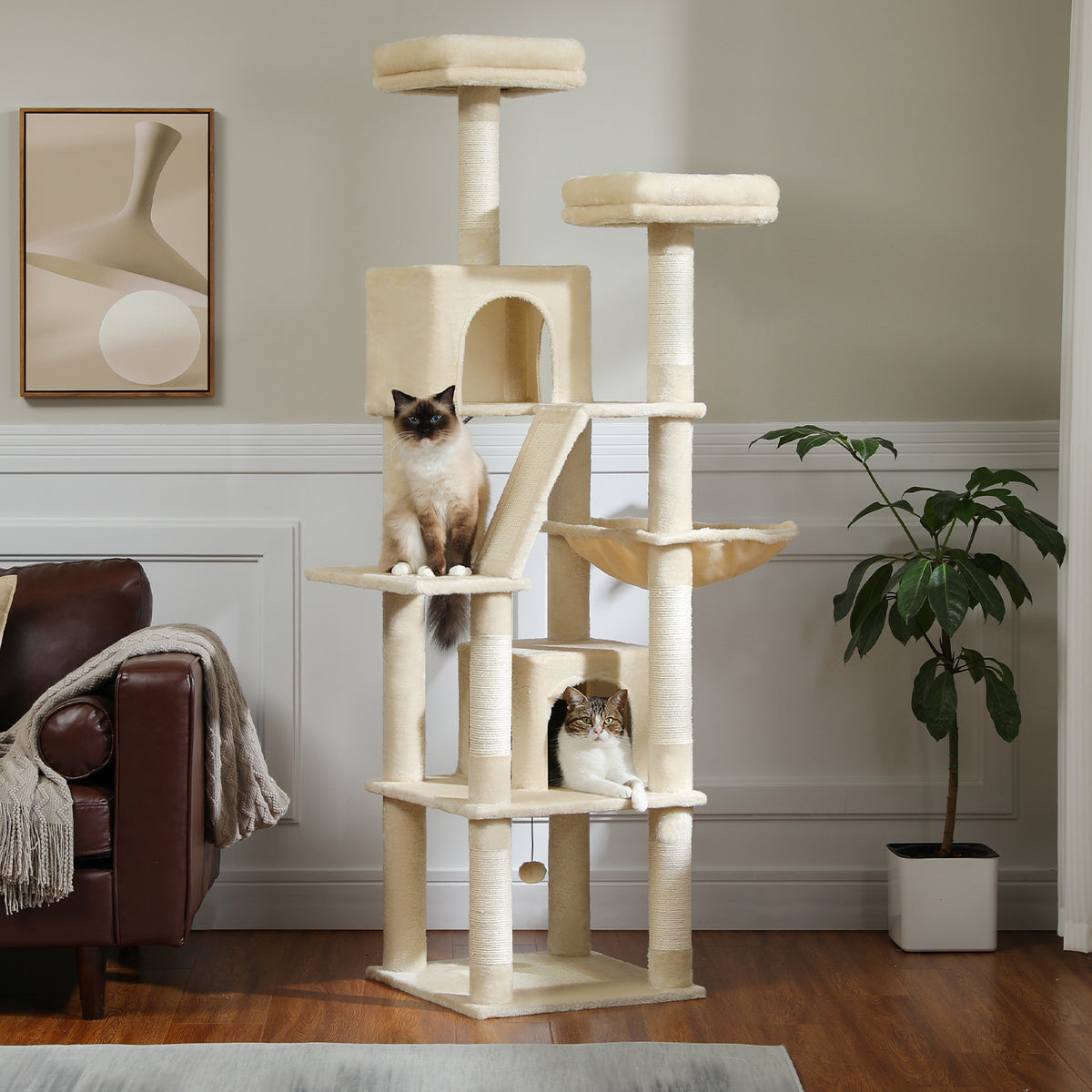 180 cm Large Green Cat Tree for Multi-Cat Homes, 2 Condos, Hammock, 2 Padded Perches, Sisal Scratching Posts & Ramp