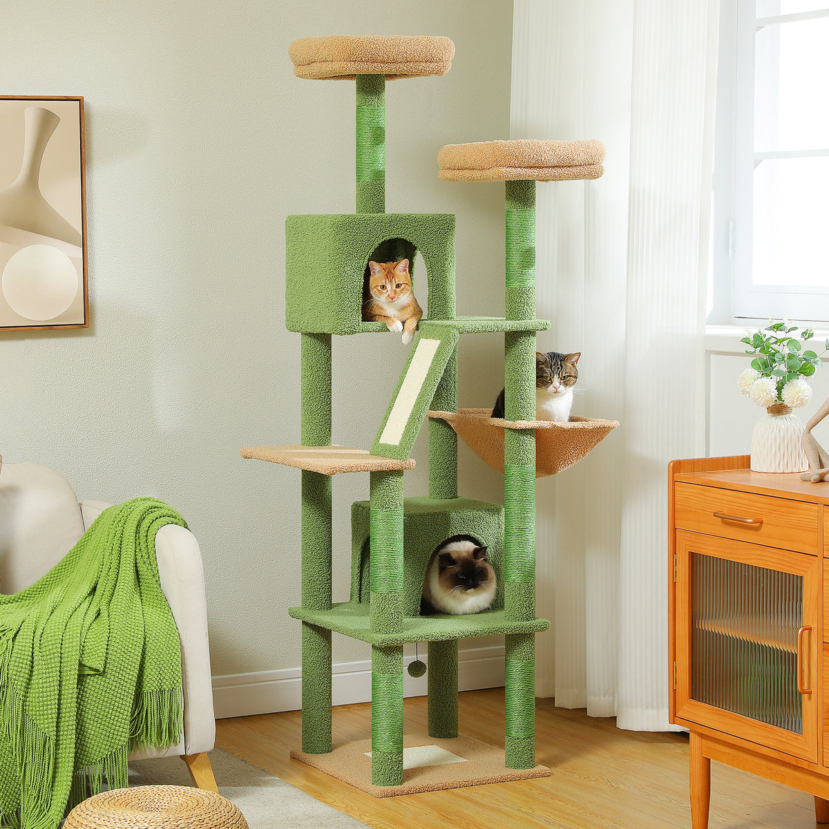 180 cm Large Green Cat Tree for Multi-Cat Homes, 2 Condos, Hammock, 2 Padded Perches, Sisal Scratching Posts & Ramp
