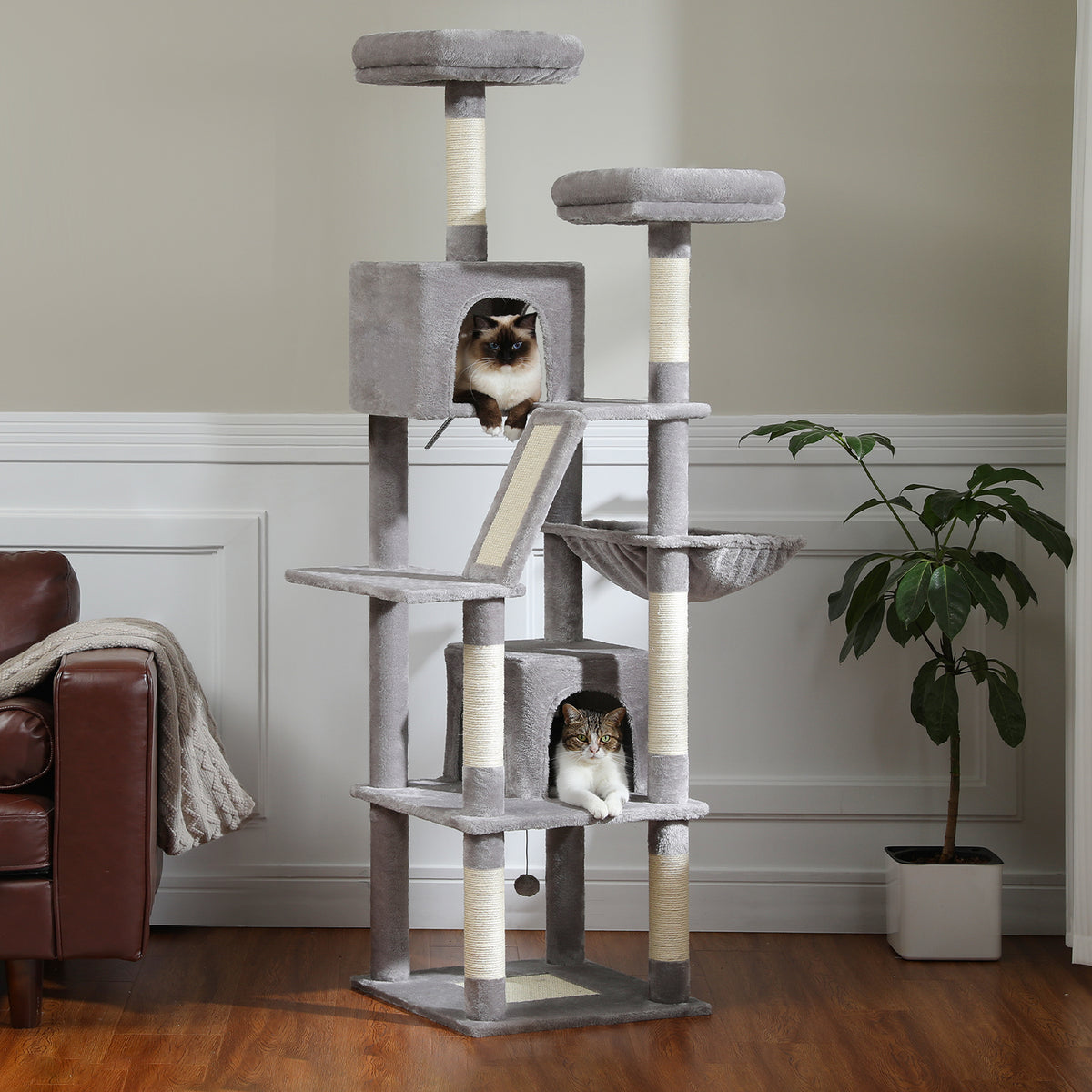180 cm Large Green Cat Tree for Multi-Cat Homes, 2 Condos, Hammock, 2 Padded Perches, Sisal Scratching Posts & Ramp