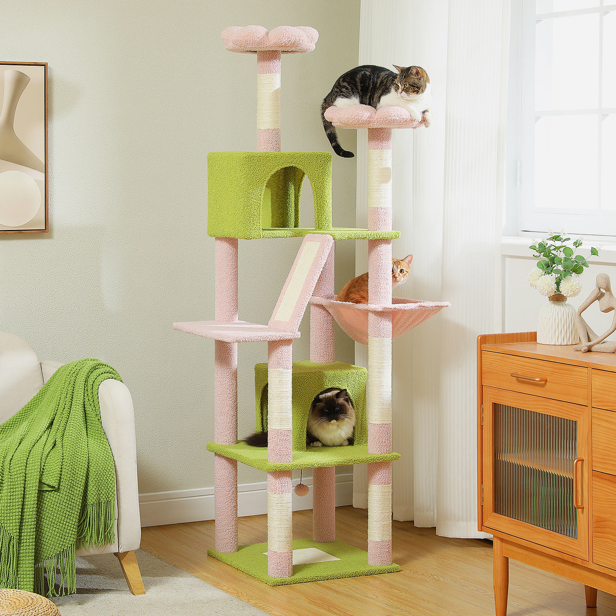 180 cm Large Green Cat Tree for Multi-Cat Homes, 2 Condos, Hammock, 2 Padded Perches, Sisal Scratching Posts & Ramp