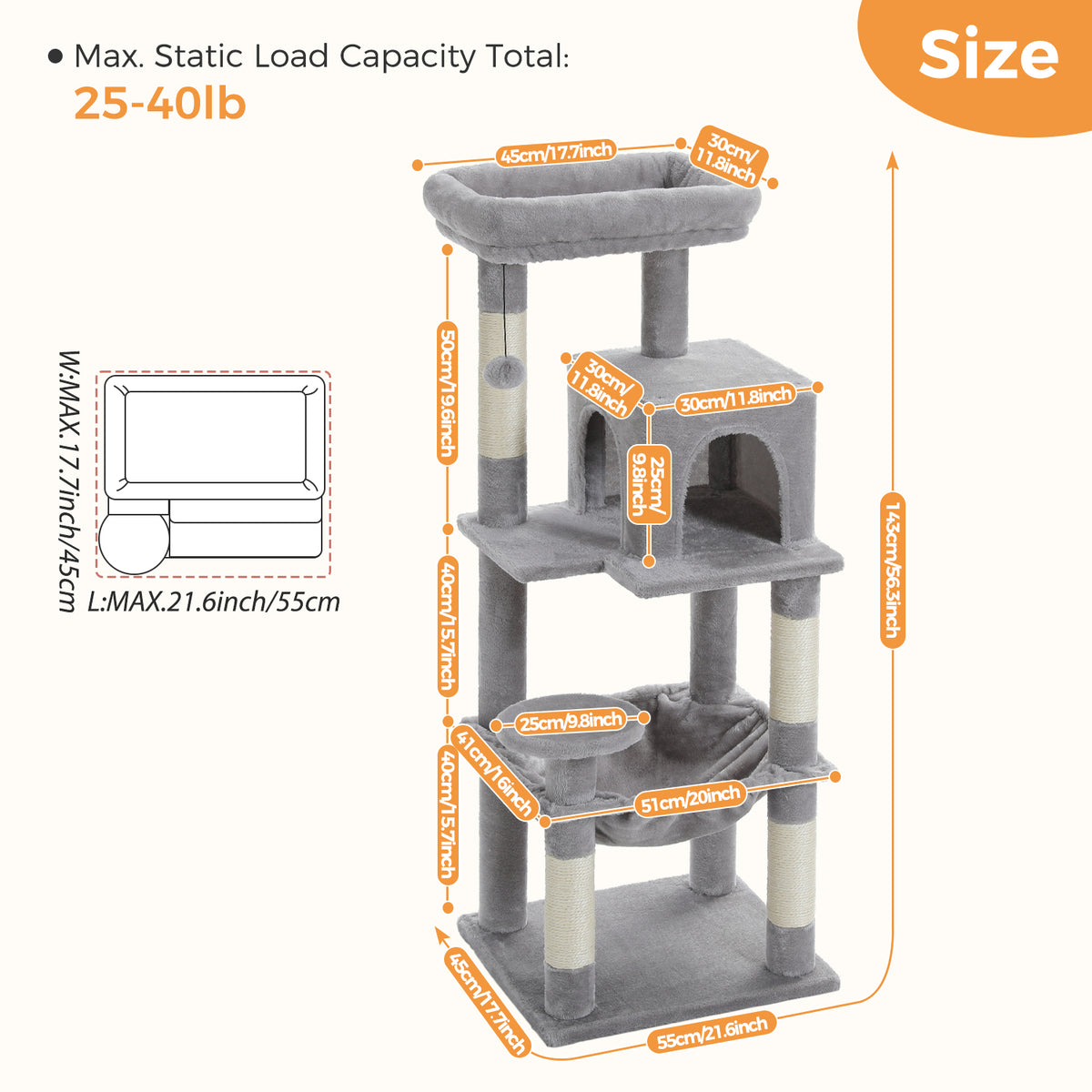 143 cm Tall Cat Tree with 4 Sisal Scratching Posts, Two-Door Cat Cave, Hammock & Washable Top Bed