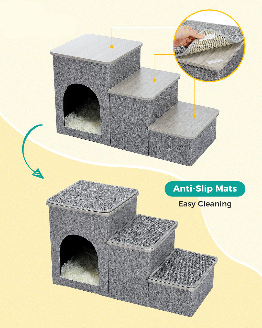 3-Step Pet Stairs with Storage, Soft Anti-Slip Mats & Cosy Hideaway – Grey