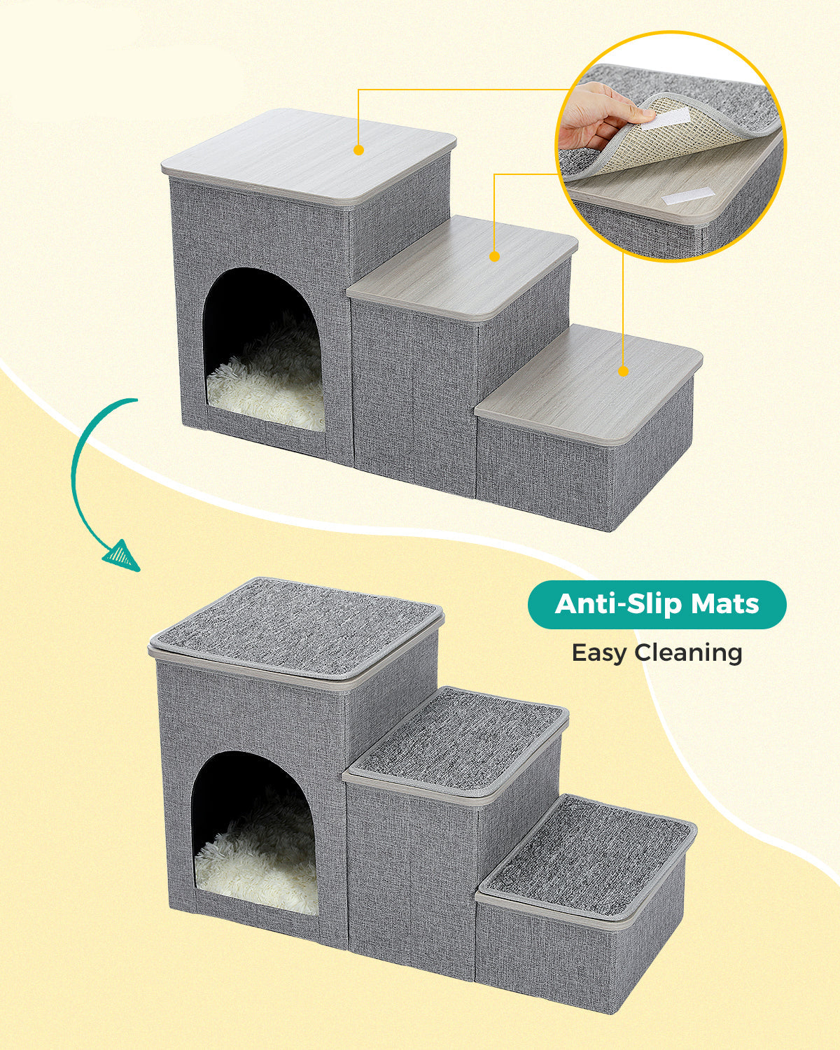 3-Step Pet Stairs with Storage, Soft Anti-Slip Mats & Cosy Hideaway – Grey