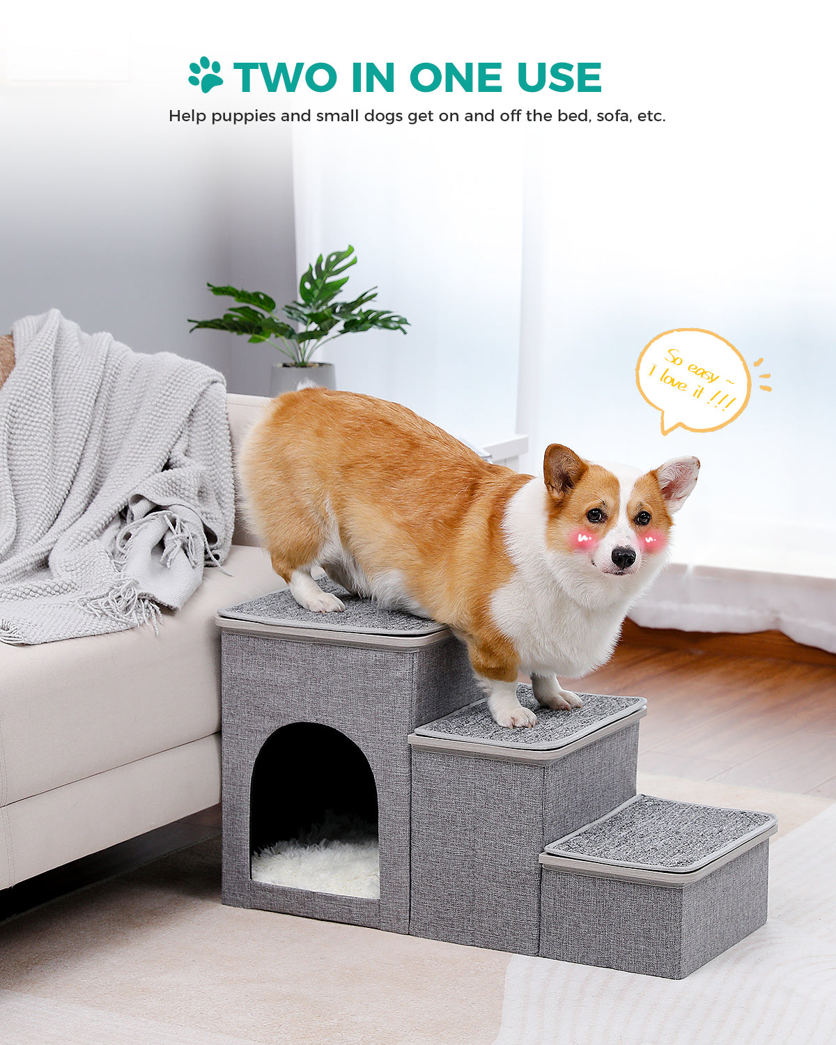 3-Step Pet Stairs with Storage, Soft Anti-Slip Mats & Cosy Hideaway – Grey