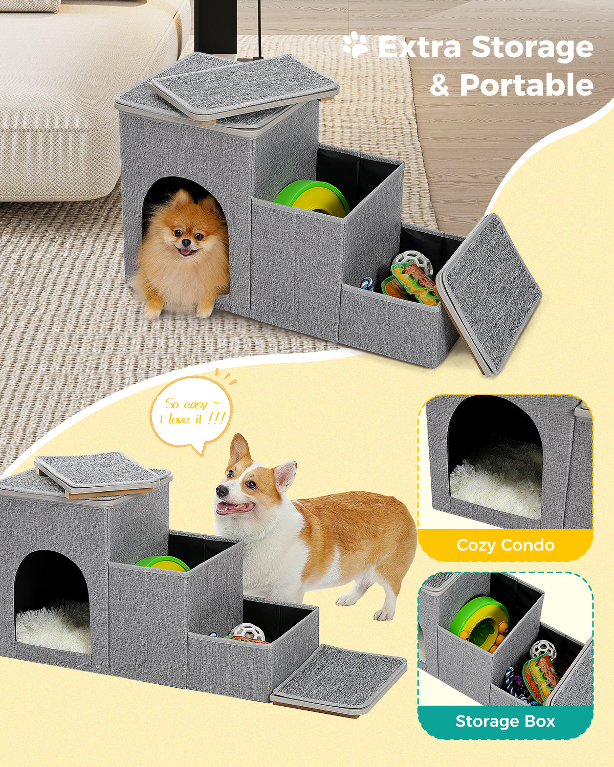 3-Step Pet Stairs with Storage, Soft Anti-Slip Mats & Cosy Hideaway – Grey