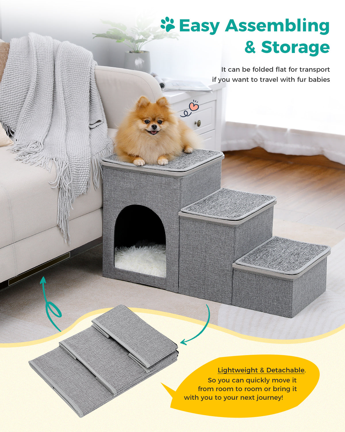 3-Step Pet Stairs with Storage, Soft Anti-Slip Mats & Cosy Hideaway – Grey