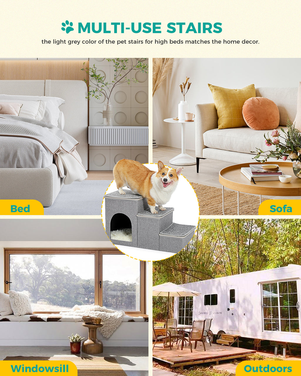 3-Step Pet Stairs with Storage, Soft Anti-Slip Mats & Cosy Hideaway – Grey