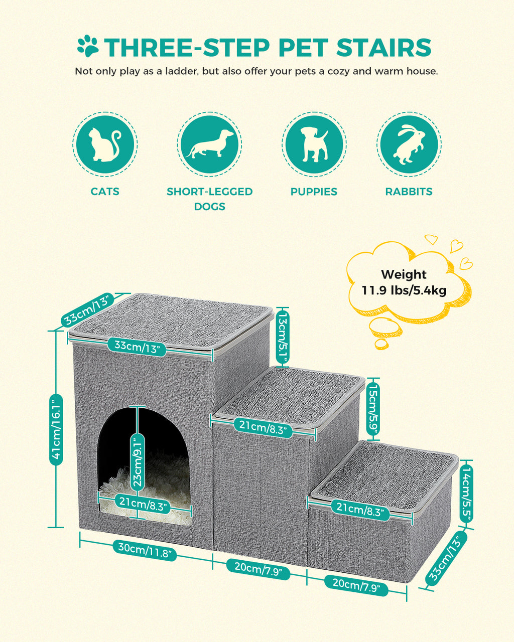 3-Step Pet Stairs with Storage, Soft Anti-Slip Mats & Cosy Hideaway – Grey