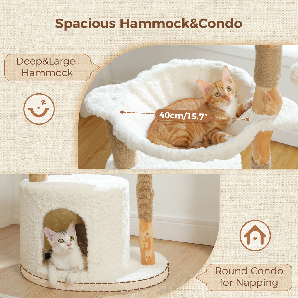 Natural Wood Cat Tree with Condo, Sisal Scratchers & Hammock – 102 cm – Choose Plush or Rattan Top Bed