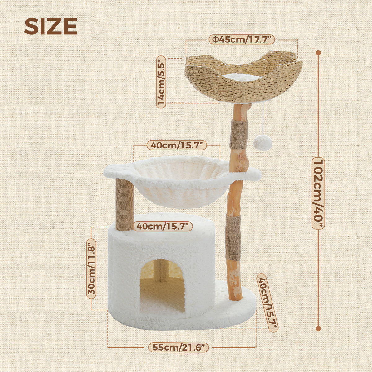 Natural Wood Cat Tree with Condo, Sisal Scratchers & Hammock – 102 cm – Choose Plush or Rattan Top Bed