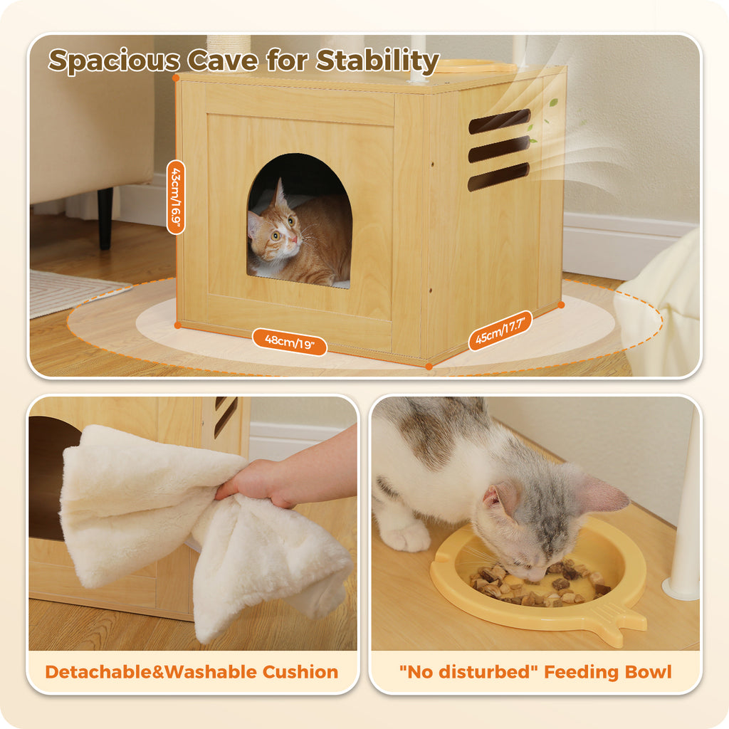 190 cm Tall Multi-Level Cat Tree with Large Condo, Hammocks, Feeding Station & Sisal Scratchers – Natural Wood