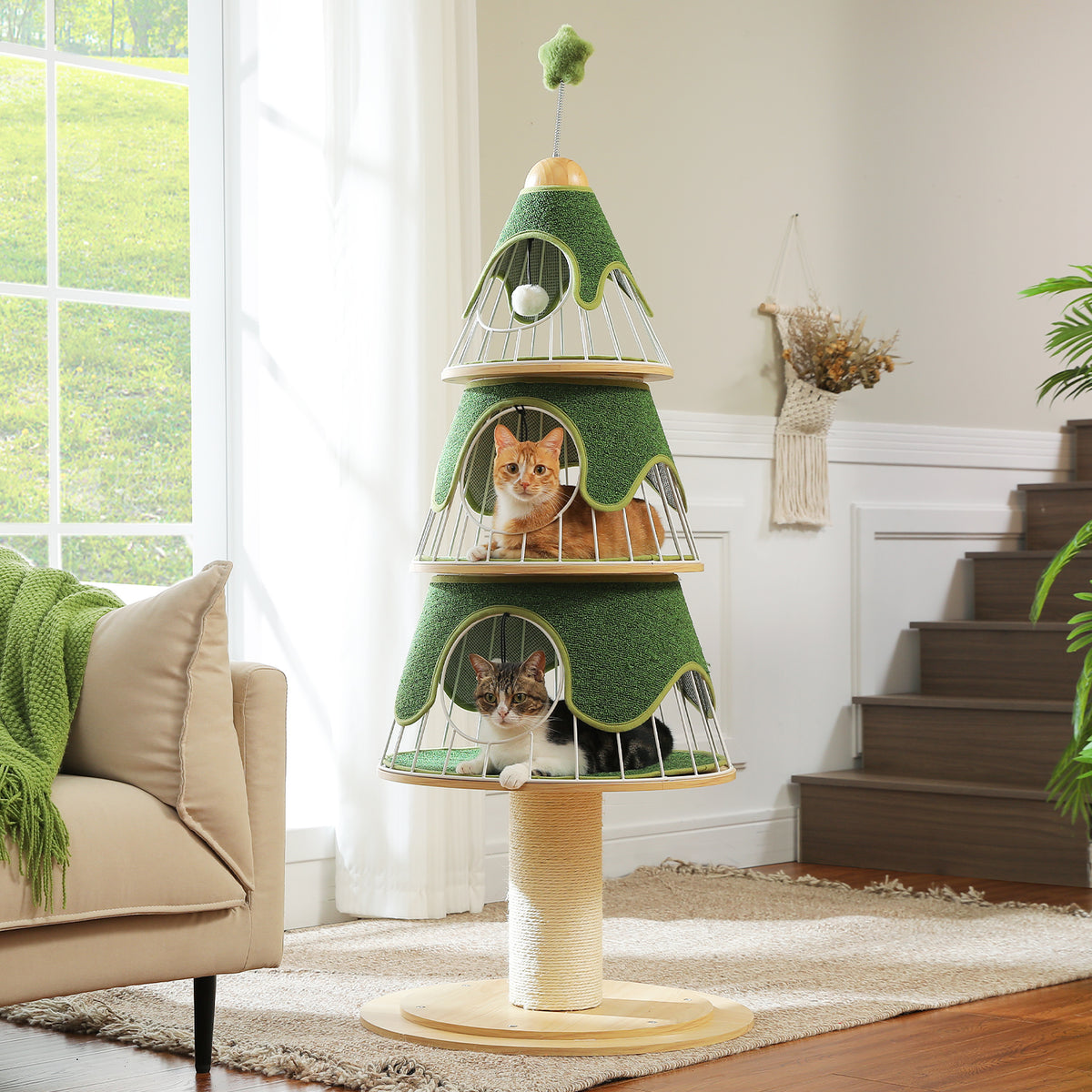 Green Christmas Tree Cat Tower, 130 cm Tall with 3 Platforms, Metal Frame, Sisal Scratching Post & 10 DIY Ornaments