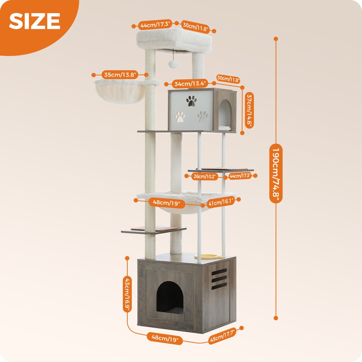 190 cm Tall Multi-Level Cat Tree with Large Condo, Hammocks, Feeding Station & Sisal Scratchers – Rustic Grey