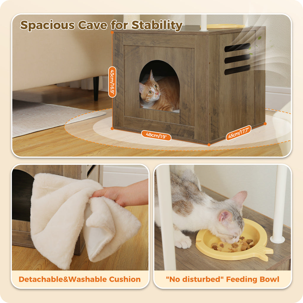 190 cm Tall Multi-Level Cat Tree with Large Condo, Hammocks, Feeding Station & Sisal Scratchers – Rustic Grey
