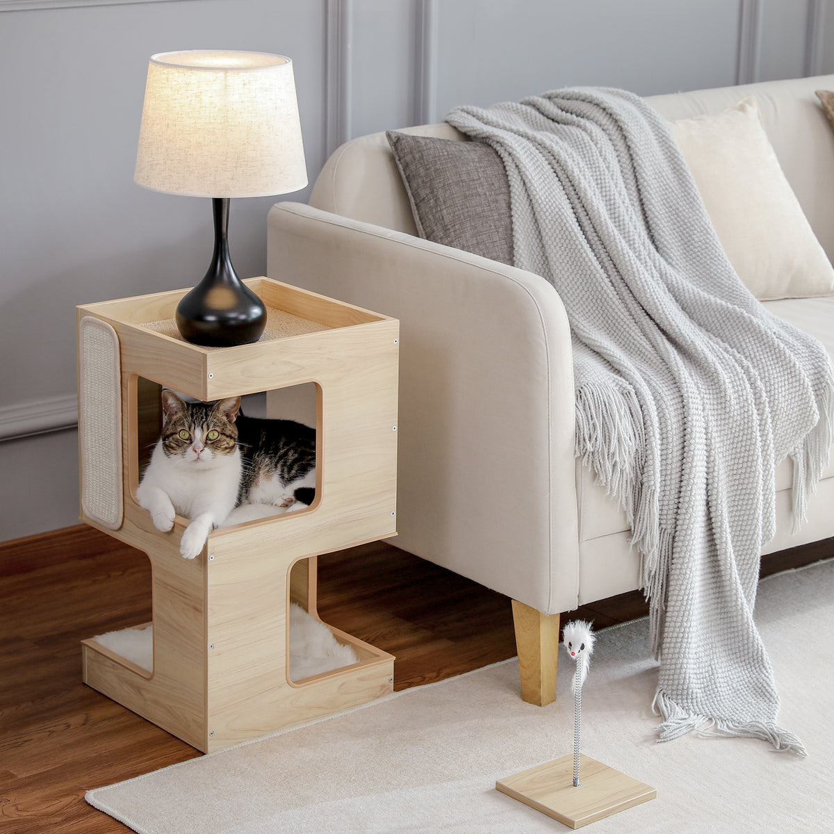 3-Tier Wooden Cat House Side Table with Scratch Pad, Washable Cushions & Spring Mouse Toy