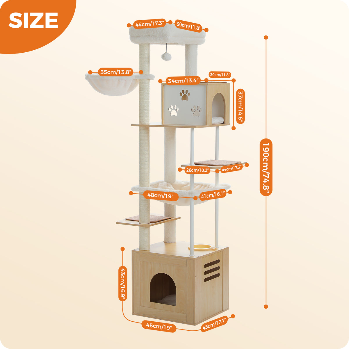 190 cm Tall Multi-Level Cat Tree with Large Condo, Hammocks, Feeding Station & Sisal Scratchers – Natural Wood