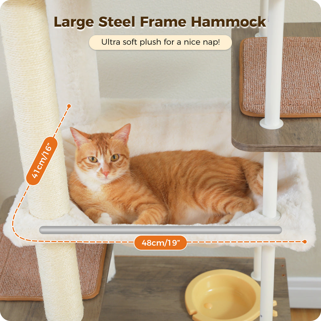 190 cm Tall Multi-Level Cat Tree with Large Condo, Hammocks, Feeding Station & Sisal Scratchers – Rustic Grey
