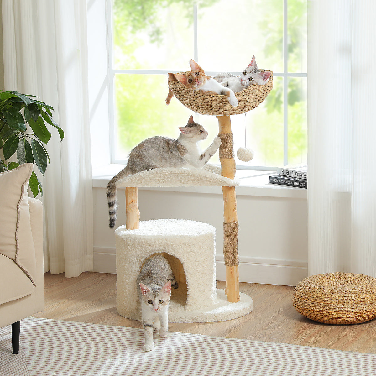 Natural Wood Cat Tree with Condo, Sisal Scratchers & Hammock – 102 cm – Choose Plush or Rattan Top Bed