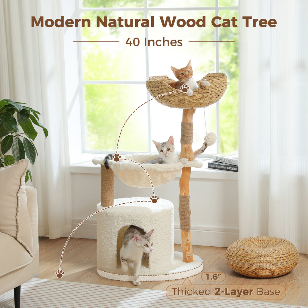 Natural Wood Cat Tree with Condo, Sisal Scratchers & Hammock – 102 cm – Choose Plush or Rattan Top Bed