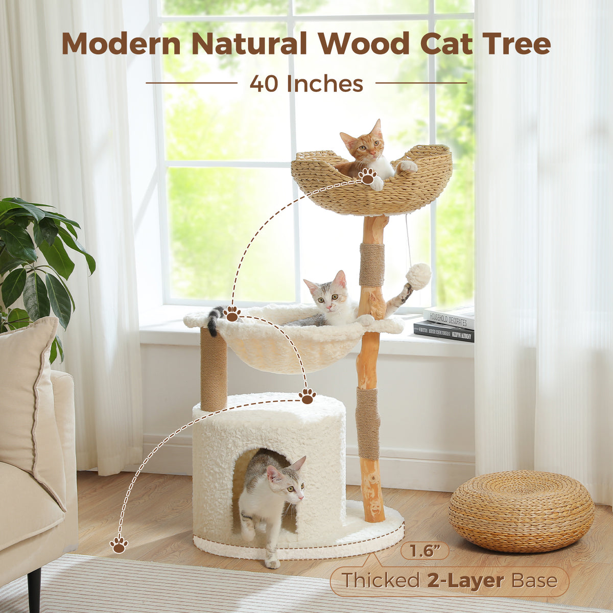 Natural Wood Cat Tree with Condo, Sisal Scratchers & Hammock – 102 cm – Choose Plush or Rattan Top Bed