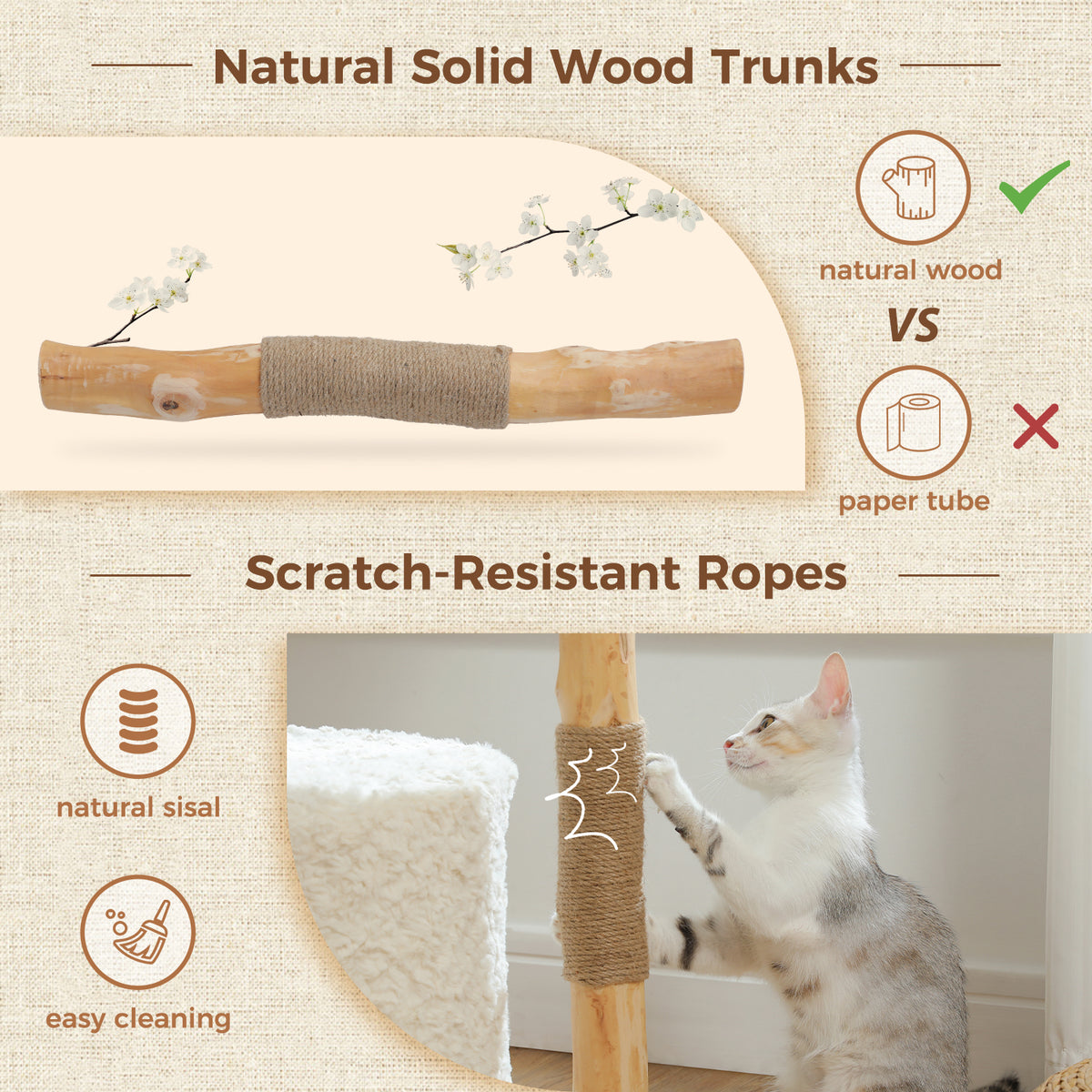 Natural Wood Cat Tree with Condo, Sisal Scratchers & Hammock – 102 cm – Choose Plush or Rattan Top Bed