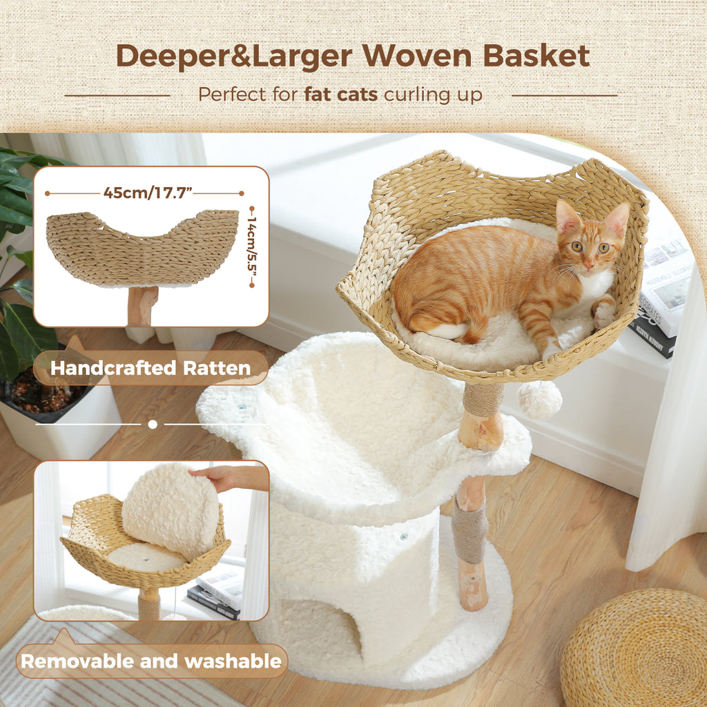 Natural Wood Cat Tree with Condo, Sisal Scratchers & Hammock – 102 cm – Choose Plush or Rattan Top Bed