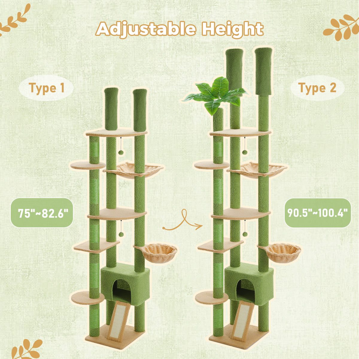 Floor-to-Ceiling Cat Tree, 230–252 cm Adjustable Cat Tower with 5 Sisal Scratching Posts, Hammock, Condo & Climbing Platforms