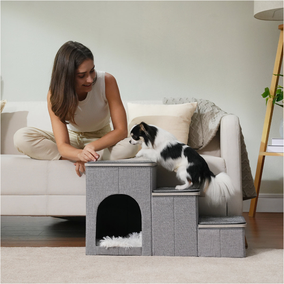 3-Step Pet Stairs with Storage, Soft Anti-Slip Mats & Cosy Hideaway – Grey