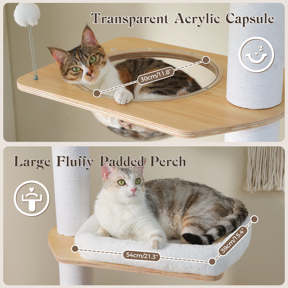 5-Tier Floor-to-Ceiling Cat Tree with Sisal Posts, Condo & Acrylic Capsule – 232–284 cm / 91.3–111.8 in, White