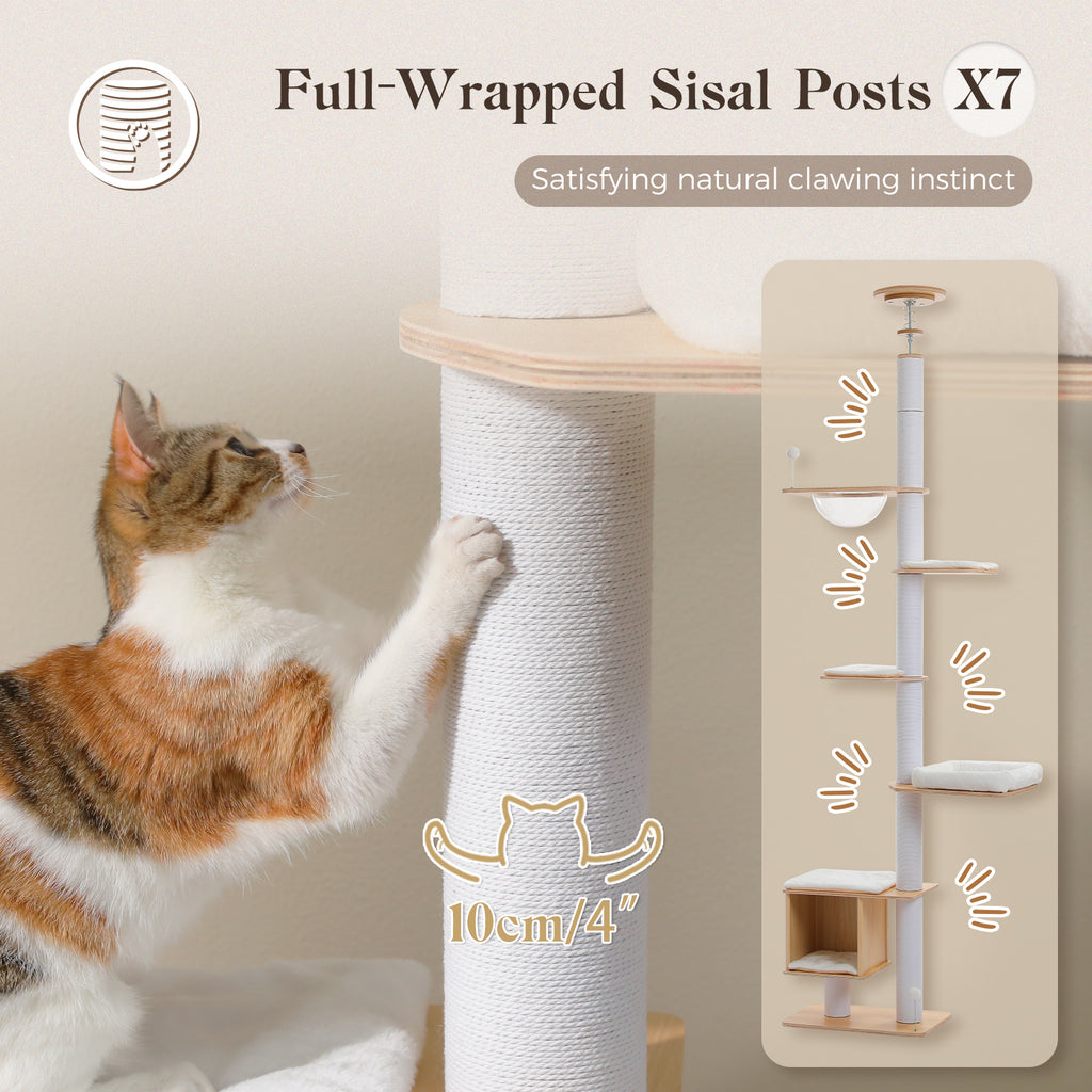 5-Tier Floor-to-Ceiling Cat Tree with Sisal Posts, Condo & Acrylic Capsule – 232–284 cm / 91.3–111.8 in, White