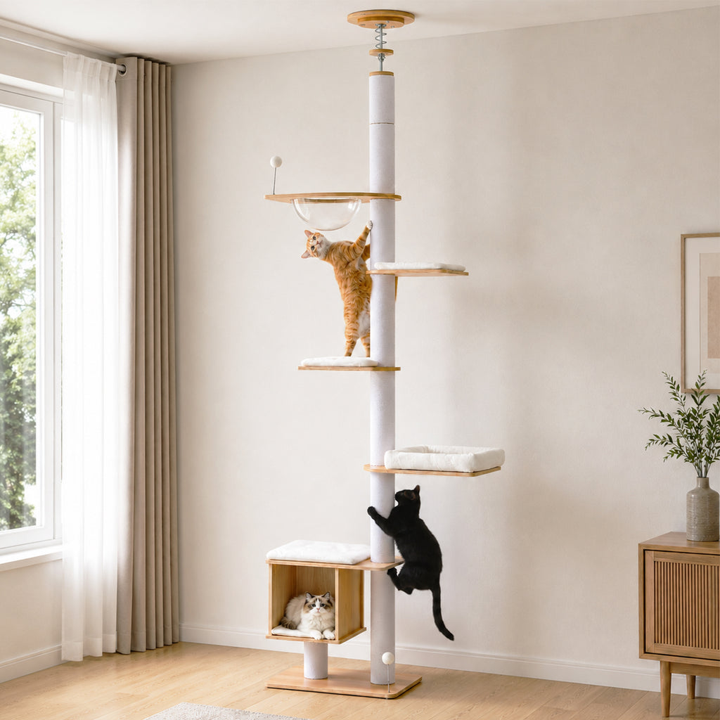 5-Tier Floor-to-Ceiling Cat Tree with Sisal Posts, Condo & Acrylic Capsule – 232–284 cm / 91.3–111.8 in, White