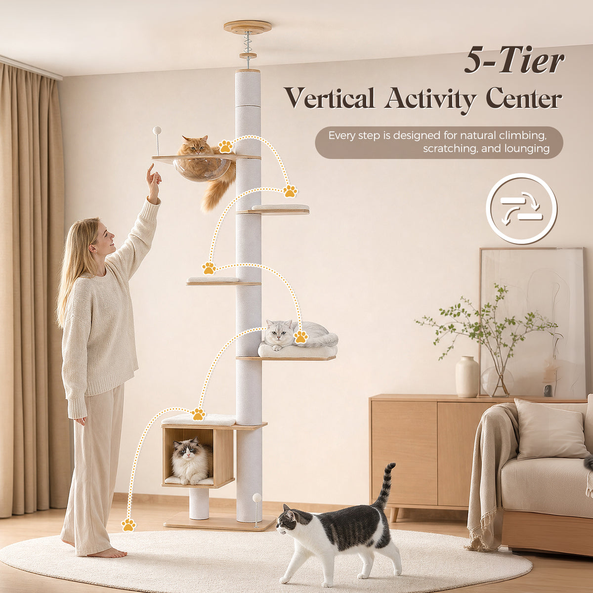 5-Tier Floor-to-Ceiling Cat Tree with Sisal Posts, Condo & Acrylic Capsule – 232–284 cm / 91.3–111.8 in, White