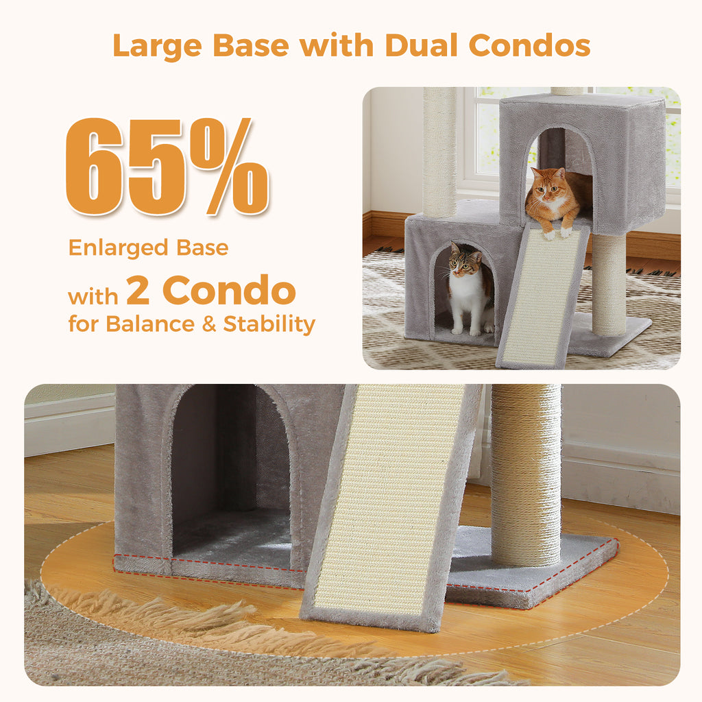 114 cm Large Cat Tree for Big Cats with 2 Condos, XL Top Perch & Sisal Scratching Ramp – Grey