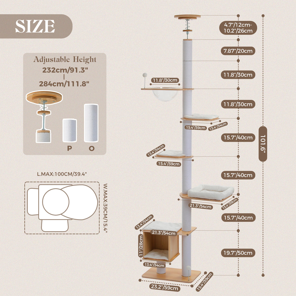 5-Tier Floor-to-Ceiling Cat Tree with Sisal Posts, Condo & Acrylic Capsule – 232–284 cm / 91.3–111.8 in, White