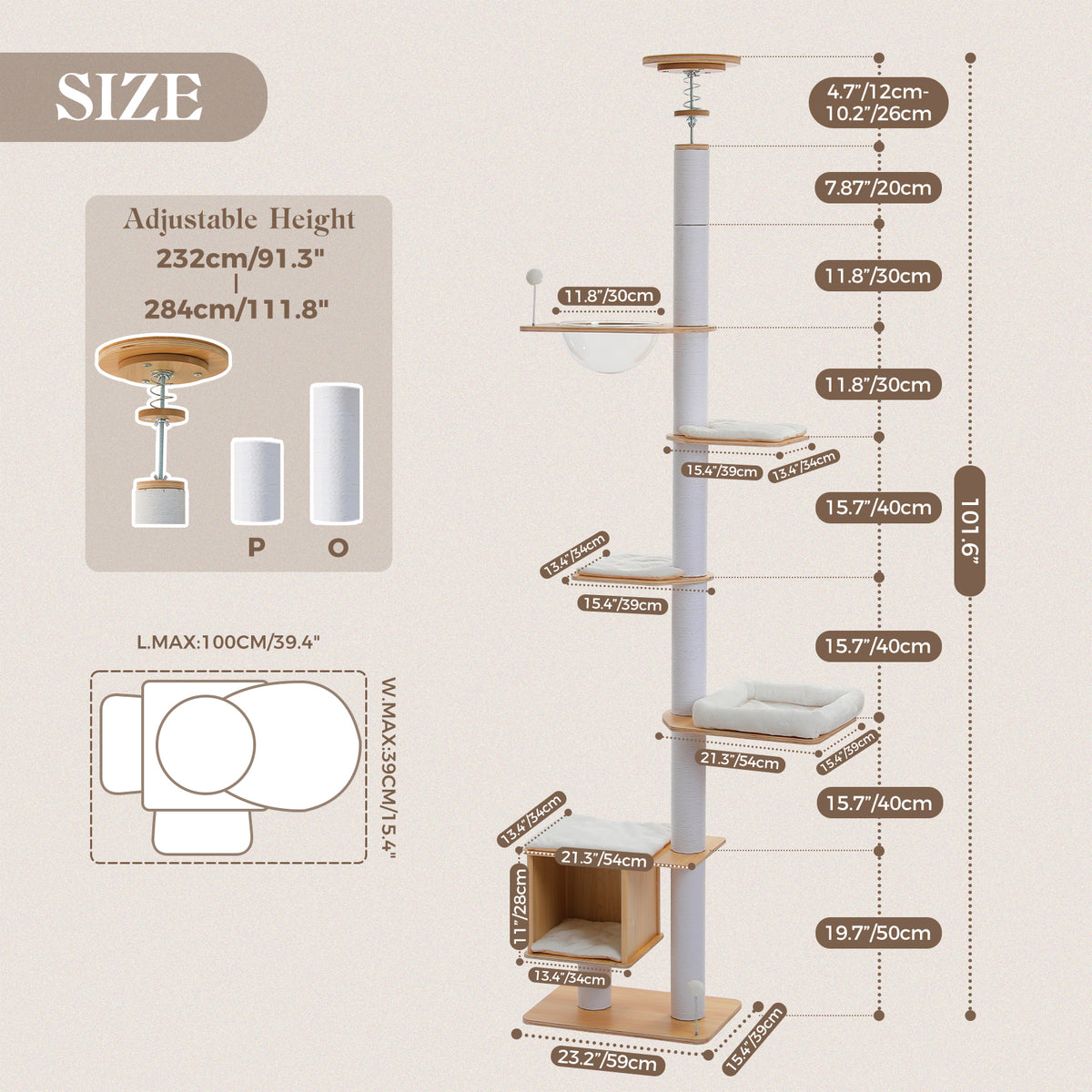 5-Tier Floor-to-Ceiling Cat Tree with Sisal Posts, Condo & Acrylic Capsule – 232–284 cm / 91.3–111.8 in, White
