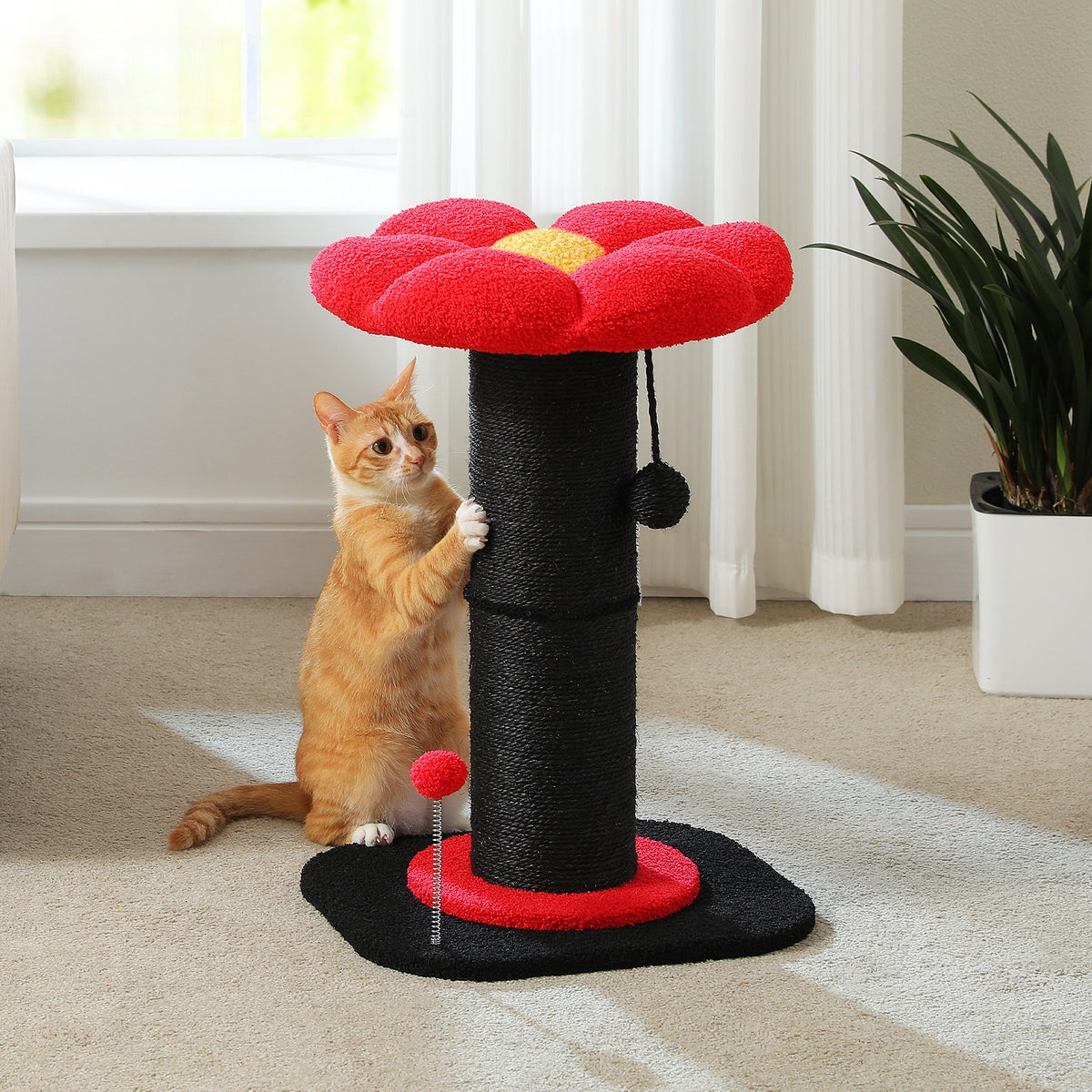 Pink Flower Cat Scratching Post with Detachable Washable Perch, 60 cm Tall Sisal Scratcher & Two Interactive Toys
