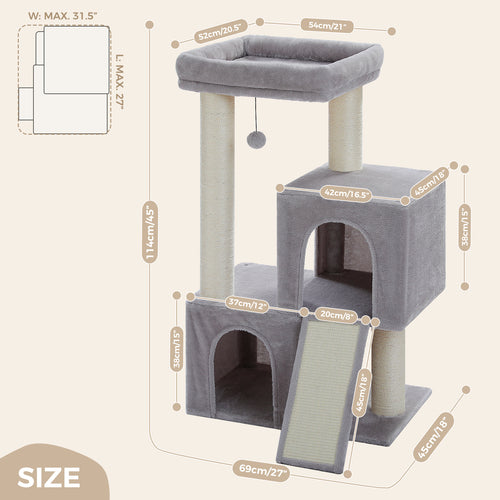 114 cm Large Cat Tree for Big Cats with 2 Condos, XL Top Perch & Sisal Scratching Ramp – Grey
