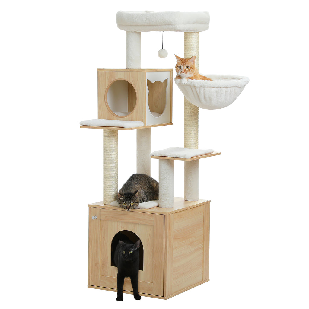 146 cm Wooden Cat Tree with Large Base Condo, Hammock, Sisal Posts & Top Bed – Natural Wood