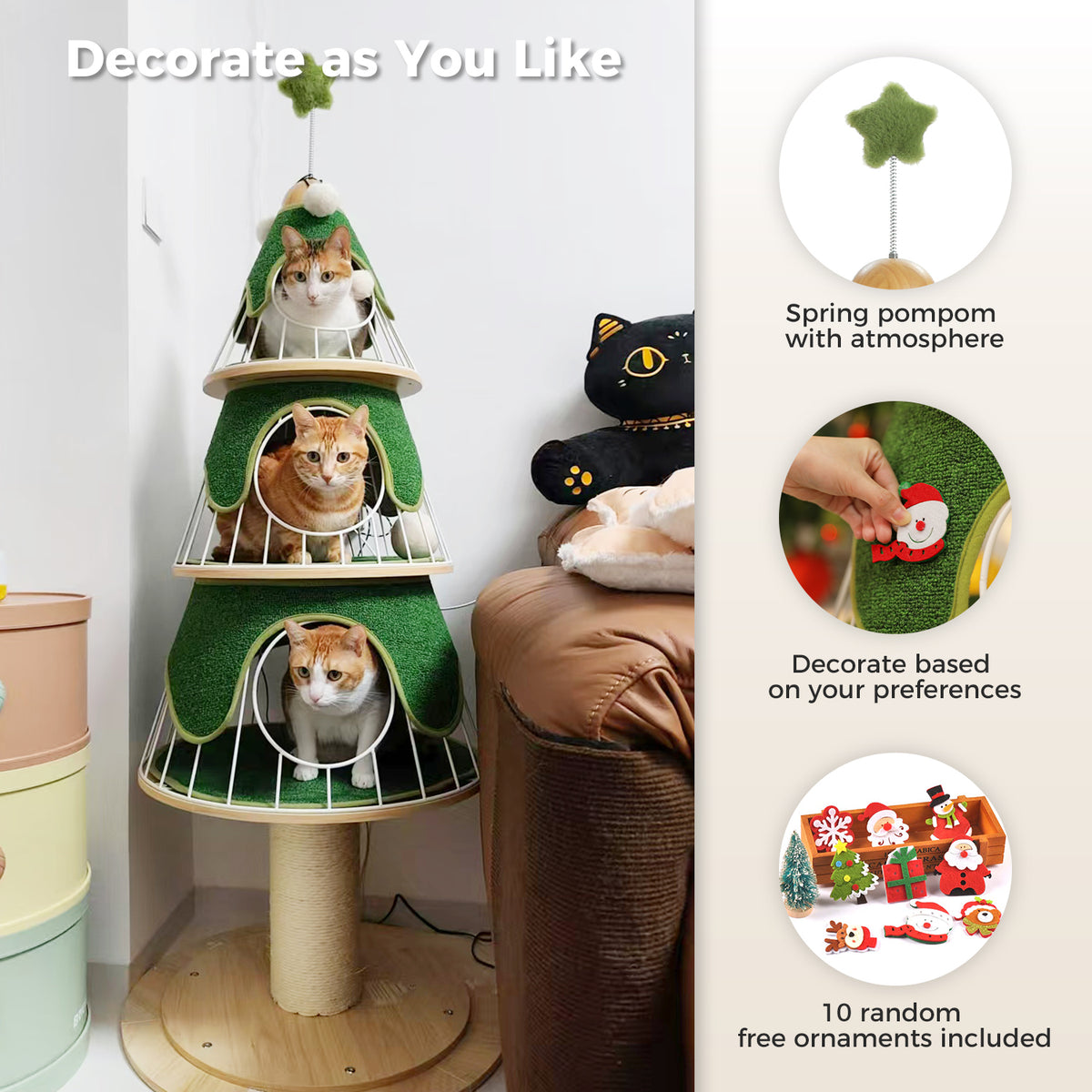 Green Christmas Tree Cat Tower, 130 cm Tall with 3 Platforms, Metal Frame, Sisal Scratching Post & 10 DIY Ornaments