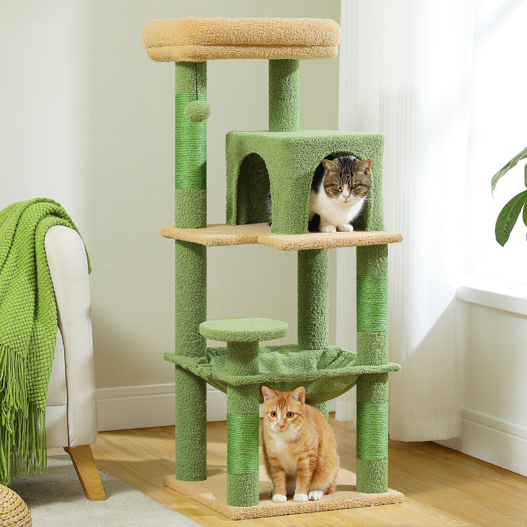 116 cm Multi-Level Cat Tree with Sisal Scratching Posts, Two-Door Cat Cave, Hammock & Washable Top Bed