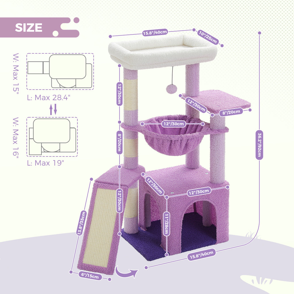 92 cm Cat Tree with Condo, Hammock, Top Perch & Sisal Scratching Ramp – Lilac Purple