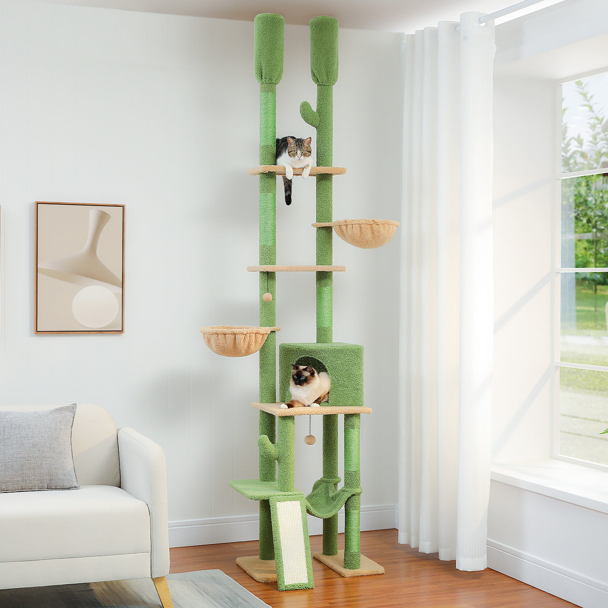 Floor-to-Ceiling Adjustable Cat Tree, 216–285 cm, with Scratching Posts, Hammocks & Cat Condo – Pink/Green