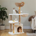 123 cm Natural Wood Cat Tree with Rattan Basket, Flower Perch & Cosy Condo – 48.1 in, Cream