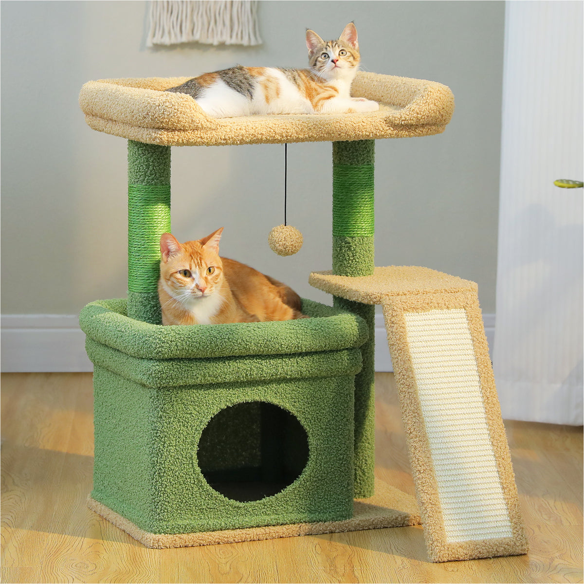 Convertible Cat Tree with Large Top Perch, Condo & Sisal Scratching Ramp – 68 cm / 27 in, Green & Beige