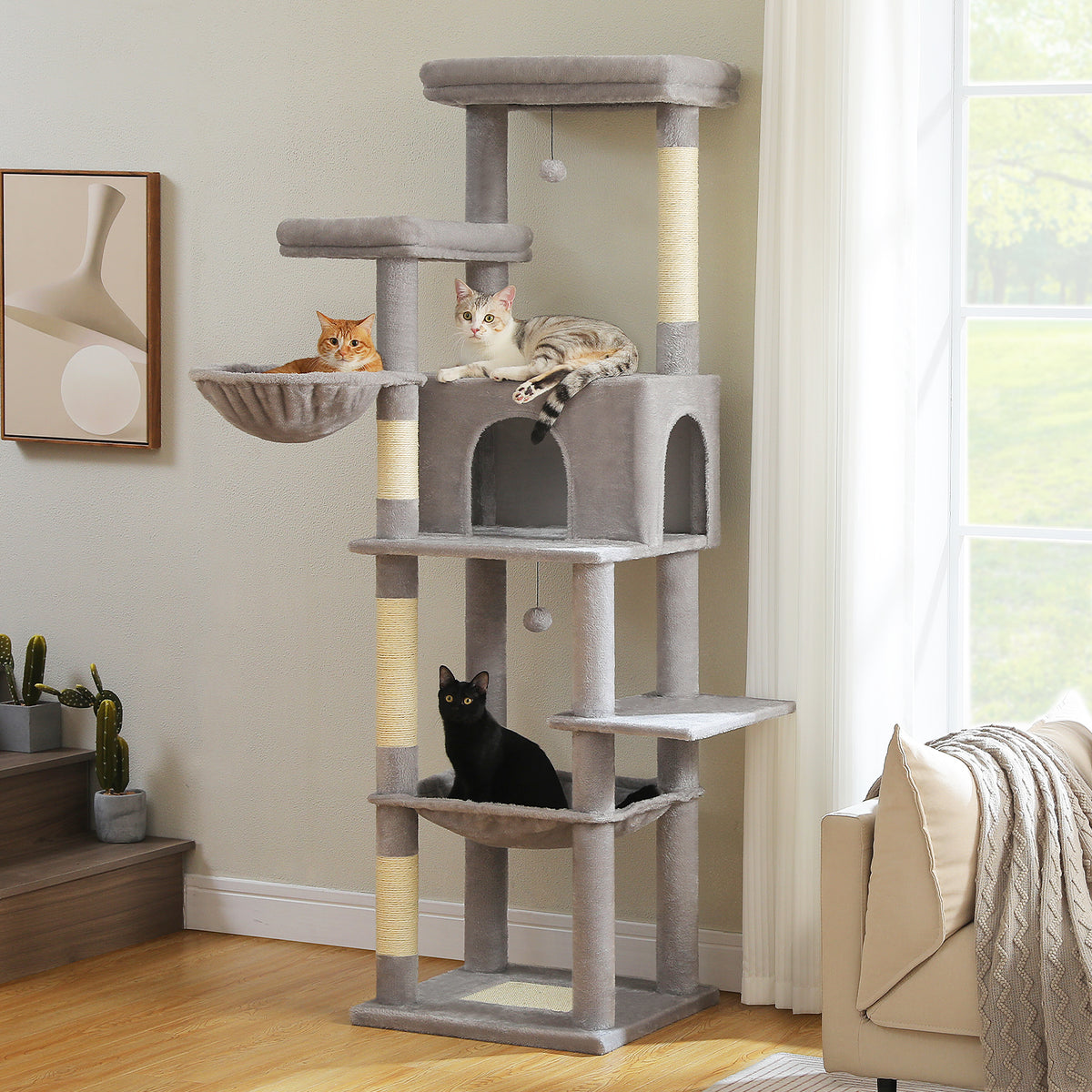 7-Level Cat Tree for Multi-Cat Homes with Condo, Hammock & Twin Perches – 186 cm / 73.2 in, Grey or Cream