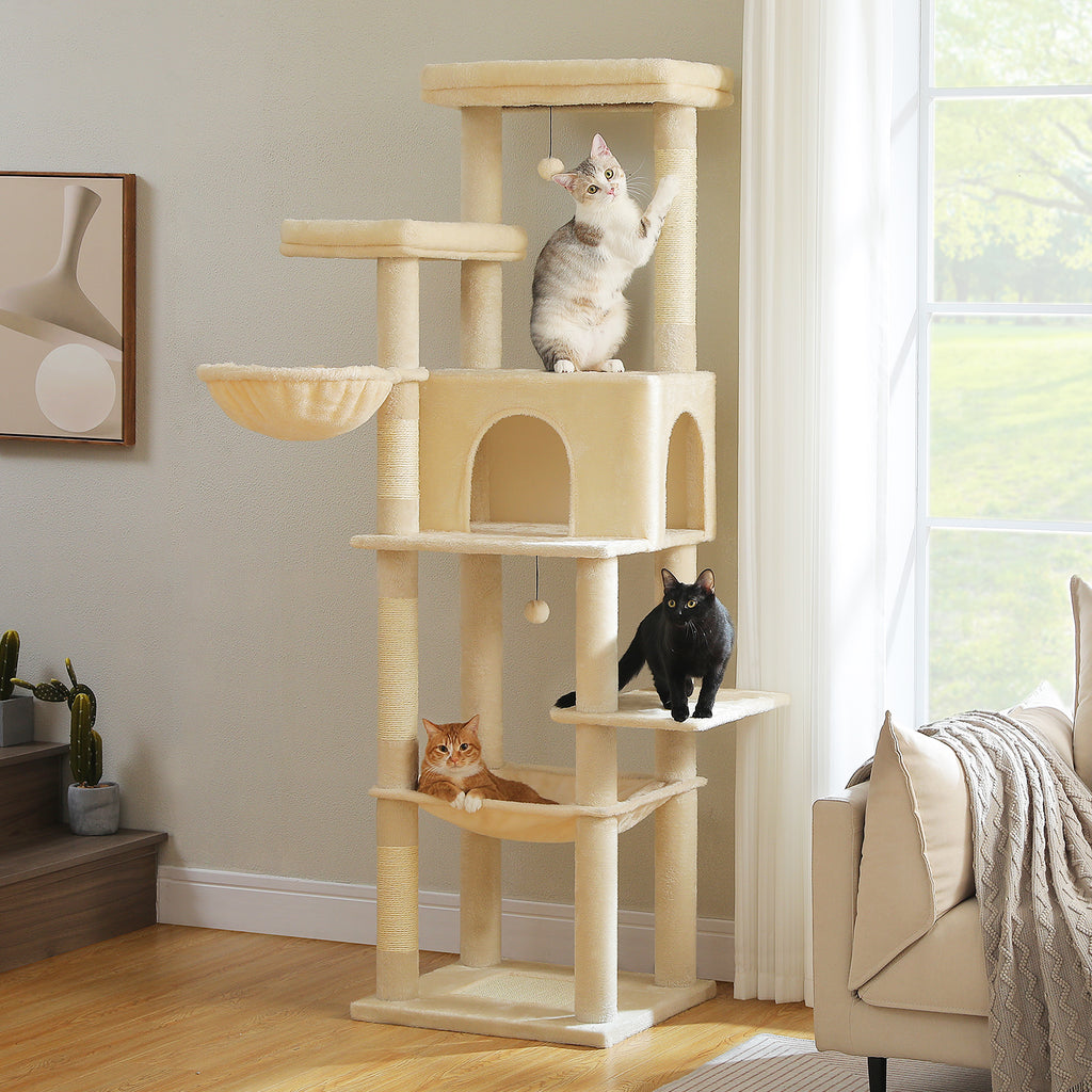 7-Level Cat Tree for Multi-Cat Homes with Condo, Hammock & Twin Perches – 186 cm / 73.2 in, Grey or Cream